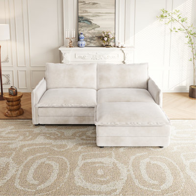 Canapé en tissu avec causeuse en velours côtelé avec 1 repose-pieds pour le salon, canapé modulaire en L 2 places avec repose-pieds, canapé rembourré à 2 places de grande taille avec 2 coussins