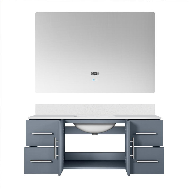 Ensemble de meuble-lavabo simple mural 48 "avec miroir Geneva, Blanc lustré, Marbre de culture blanc