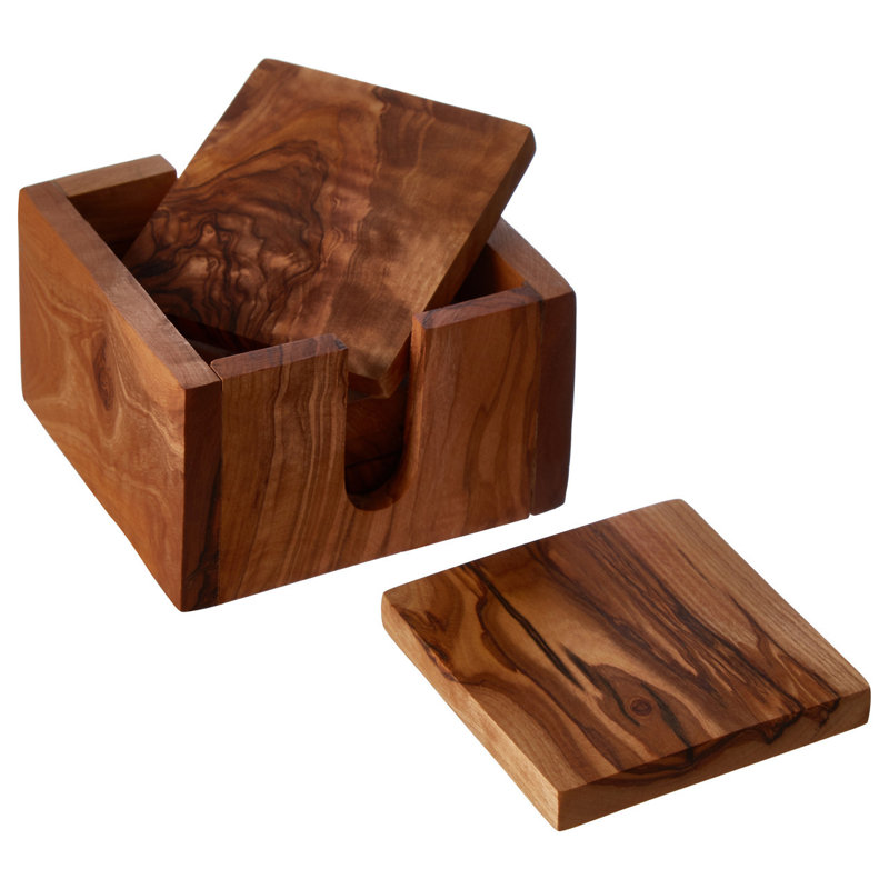 Bester Wood Square 4 Piece Coaster Set With Holder