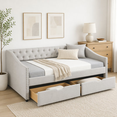 Daybed with Drawers Upholstered Tufted Sofa Bed, with Button on Back and Copper Nail