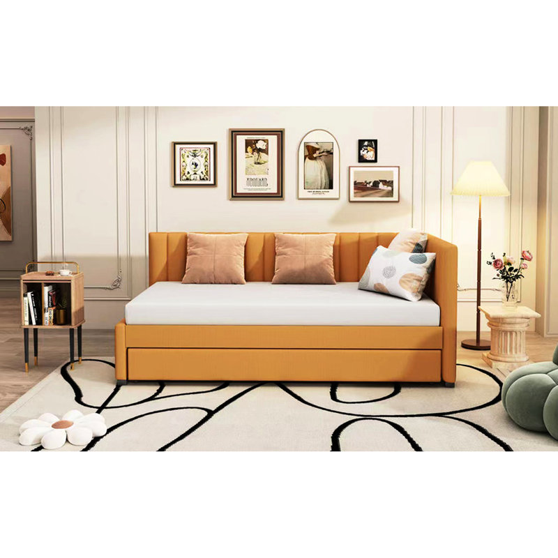 Lit de jour rembourré de conception classique avec lit gigogne, taille simple, tissu en lin de couleur jaune, sans sommier