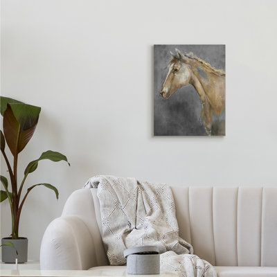 Cheval brun classique sur un motif de coups de pinceau gris par K. Nari - Peinture