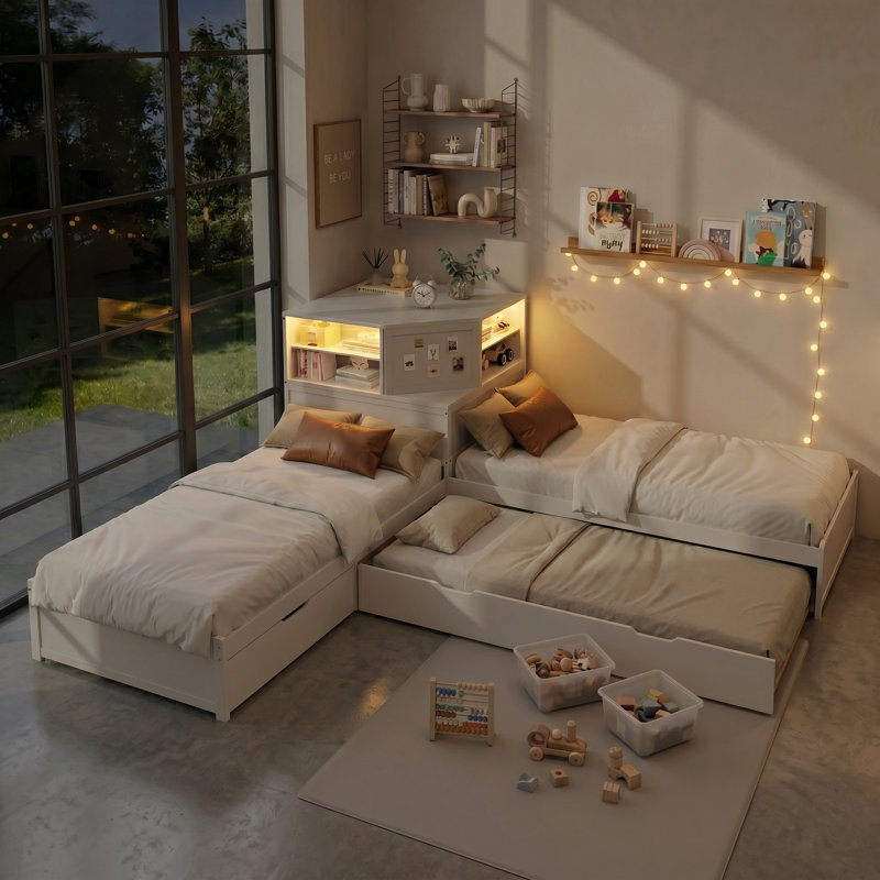 Structure de lit simple en L avec lit gigogne, tiroir de rangement et bureau intégré en L 3 en 1, Blanc