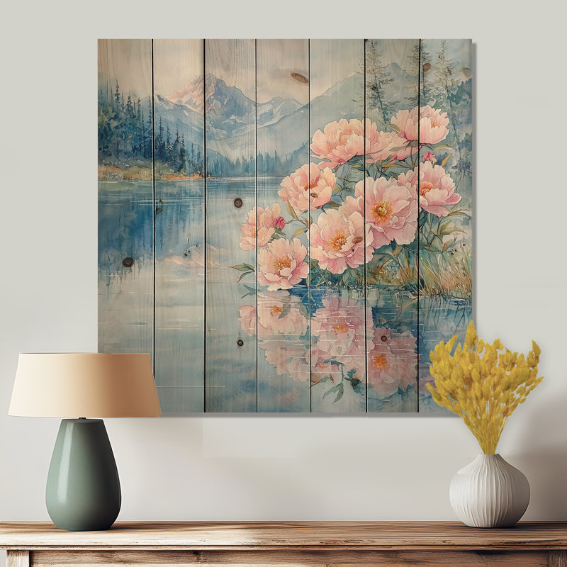 Pivoines près du ruisseau I - reproduction de bois de pivoines - sur bois de pin naturel, H 36 po x l 36 po x P 0,78 po