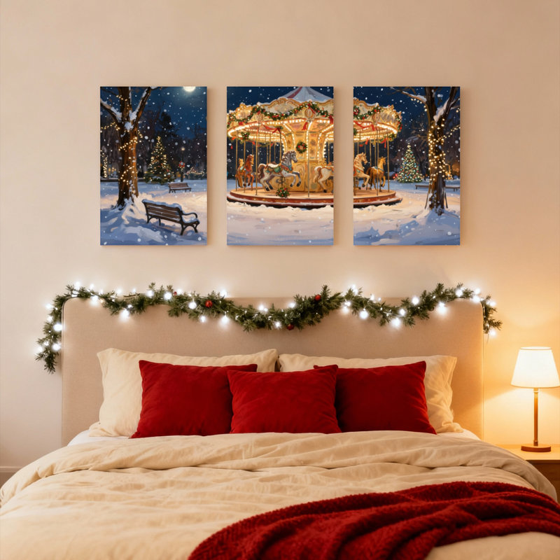 Ensemble de 3 toiles murales « Carrousel de Noël sous la neige »., H 24 po x l 48 po