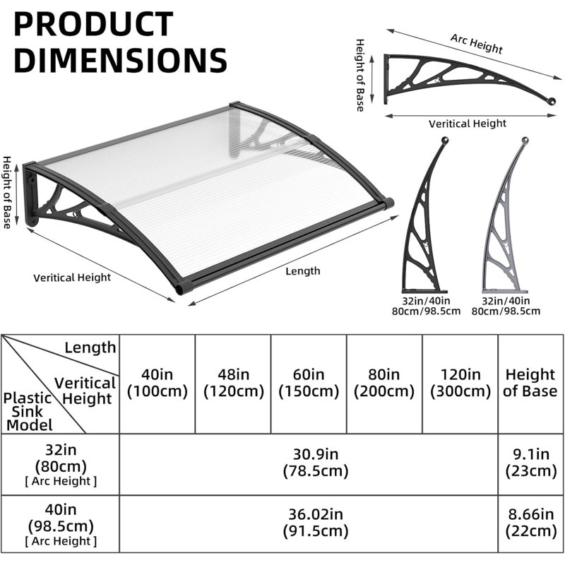 Window Awning Door Canopy Polycarbonate Panel with Large Drainage Grooves  Bracket Outdoor Patio Shelter, Clear/Black