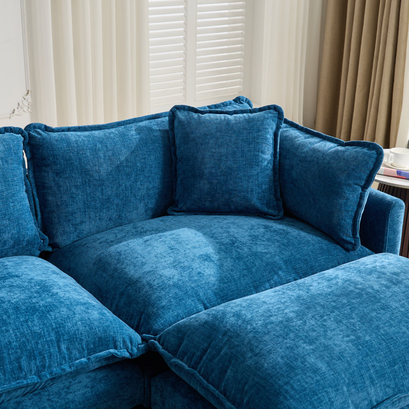 Schmucker L Shaped Modular Sectional Sofa, Oversized Cloud Couch With Ottoman, Blue Chenille, 33" H x 78" W x 35" D