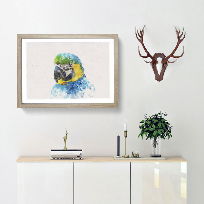 Blue and Yellow Macaw Parrot - Picture Frame Graphic Art Print, Oak Framed, 40cm H x 60cm W x 2cm D