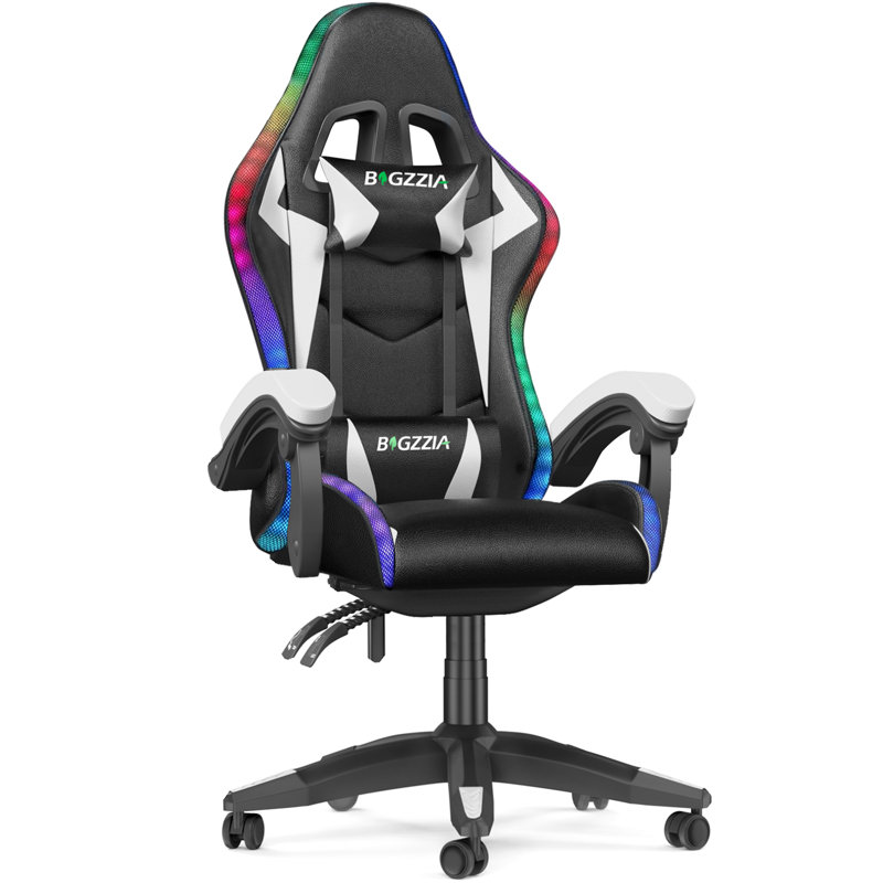 Reclining Gaming Chair with LED Lights and Headrest, Black/White