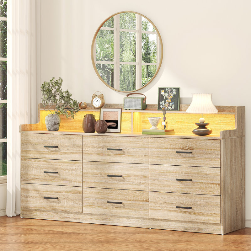 White 9 Drawer Dresser with Charging Station & Led Lights for Bedroom, 63" Large Deep Chest of Drawers,Wooden Dresser Storage Cabinet with 9 Drawers for Bedroom, Long  Dressers for Living Room, Hallway