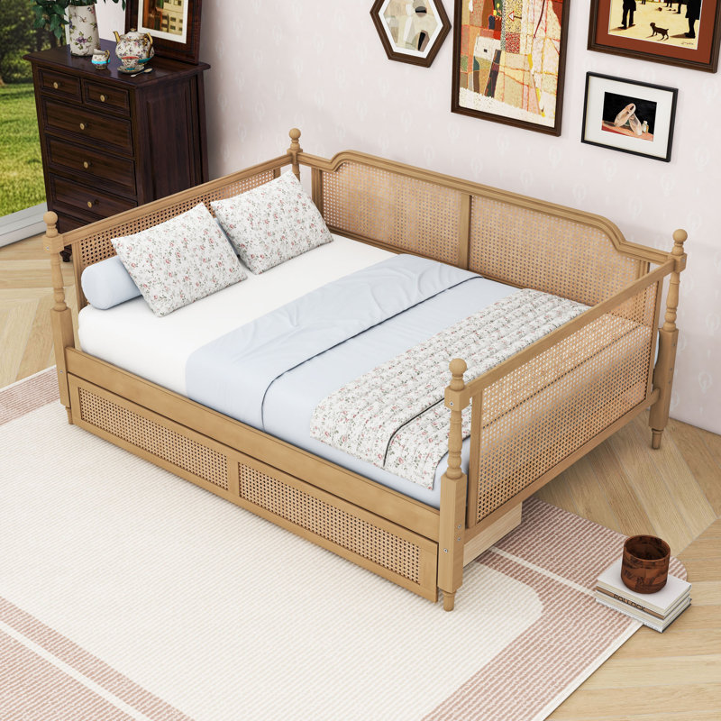 Lit plateforme en bois avec grand tiroir de rangement, Complet/Double, Noyer antique