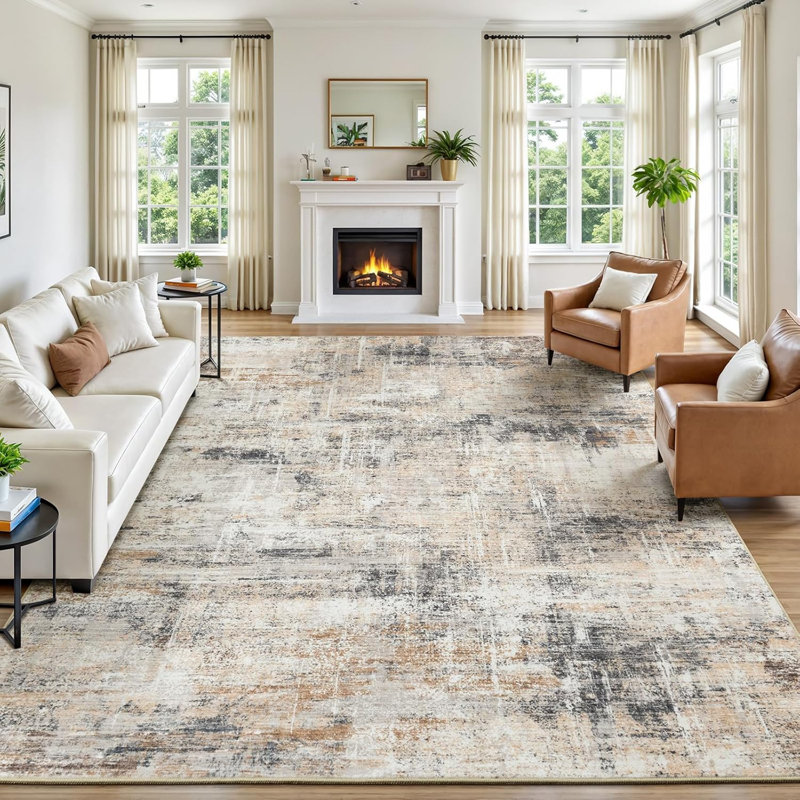 Tapis 8 pi x 10 pi à motif abstrait moderne délavé délavé avec envers en caoutchouc antidérapant beige
