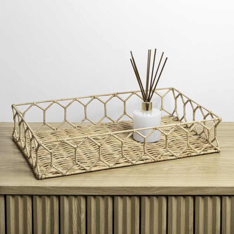 Honeycomb 19.75" Rustic Bohemian Hand-Woven Rattan Tray, Light Brown
