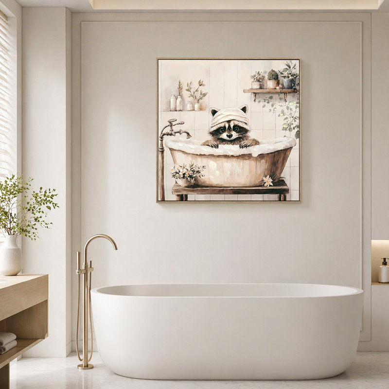 Art mural de salle de bain de raton laveur, peinture de raton laveur dans la baignoire, art mural de salle de bain animal noir et blanc