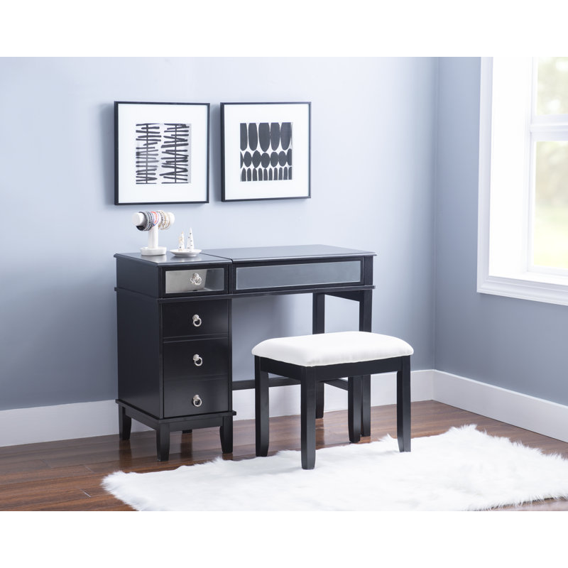 Dangeras Multi Drawer Mirrored Accent Vanity Set with Cushioned Stool, Black