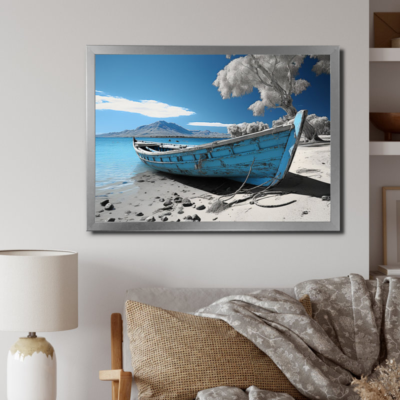 Hawaï, plage monochrome bleue - reproduction sur toile, H 34 po x l 44 po x P 1,5 po, Cadre photo argenté