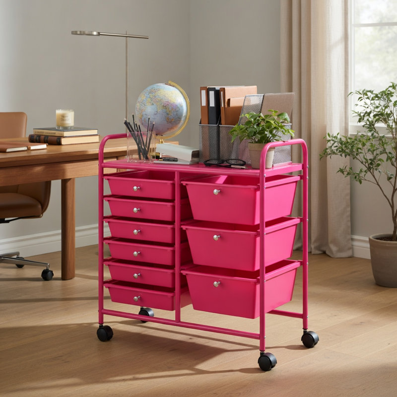  Chariot de rangement roulant 9 tiroirs avec tiroirs en macaron coloré, structure en métal robuste et roulettes verrouillables, rose vif