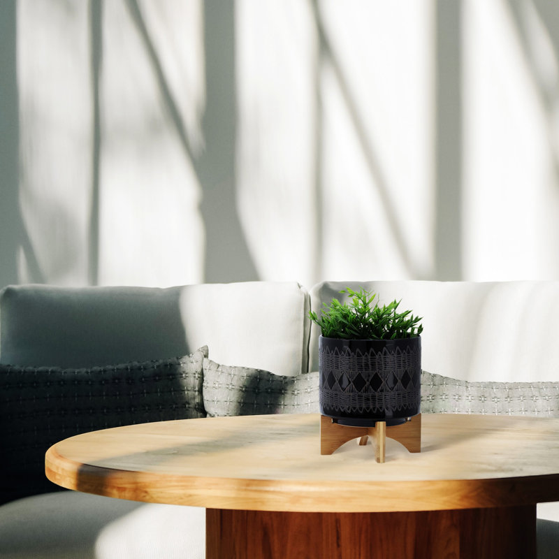 Pot à fleurs aztèque en céramique sur support en bois 8 po