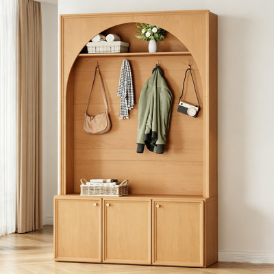 Farmhouse All-In-One Hall Tree With Adjustable Shelves, Retro Arched Entryway Storage Bench, Wooden Coat Rack Organizer