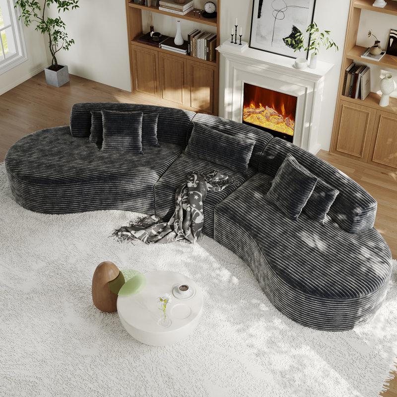 Canapé modulaire courbé 3 pièces de l 122 po avec sièges profonds et canapé en velours côtelé, Velours côtelé gris