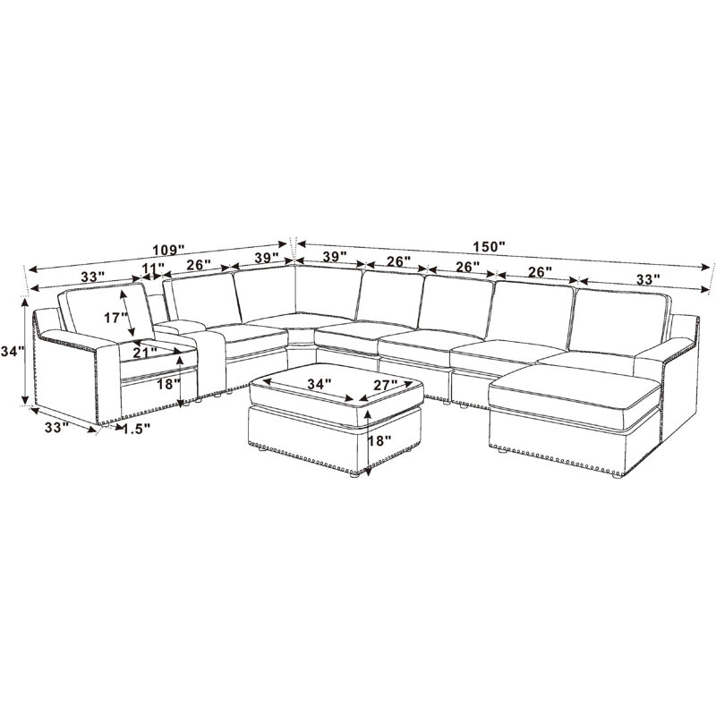 Astare Upholstered L-Shaped Corner Sectional with Ottoman, 34" H x 150" W x 109" D, Beige Polyester Blend