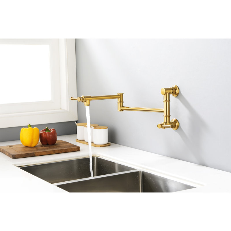Modern Brushed Gold Pot Filler Faucet - Wall Mounted Brass Double Handles For Precise Water Control Coating Construction Arm Versatile Use Drip- Design