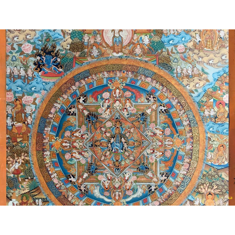 Mandala Thangka (Thangka sans brocart) | Or 24 carats avec couleurs acryliques sur toile de coton