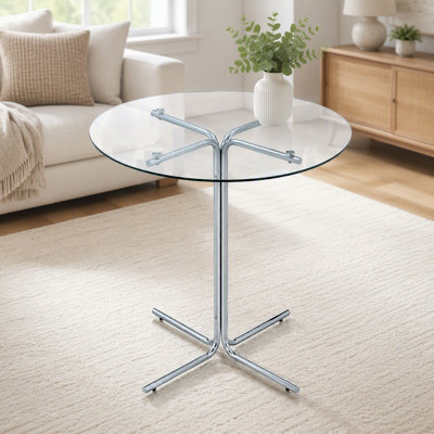 Table haute de bar ronde en verre, plateau en verre trempé de 91 cm (36 pouces), solide piètement chromé à quatre colonnes, idéale pour les petits espaces.