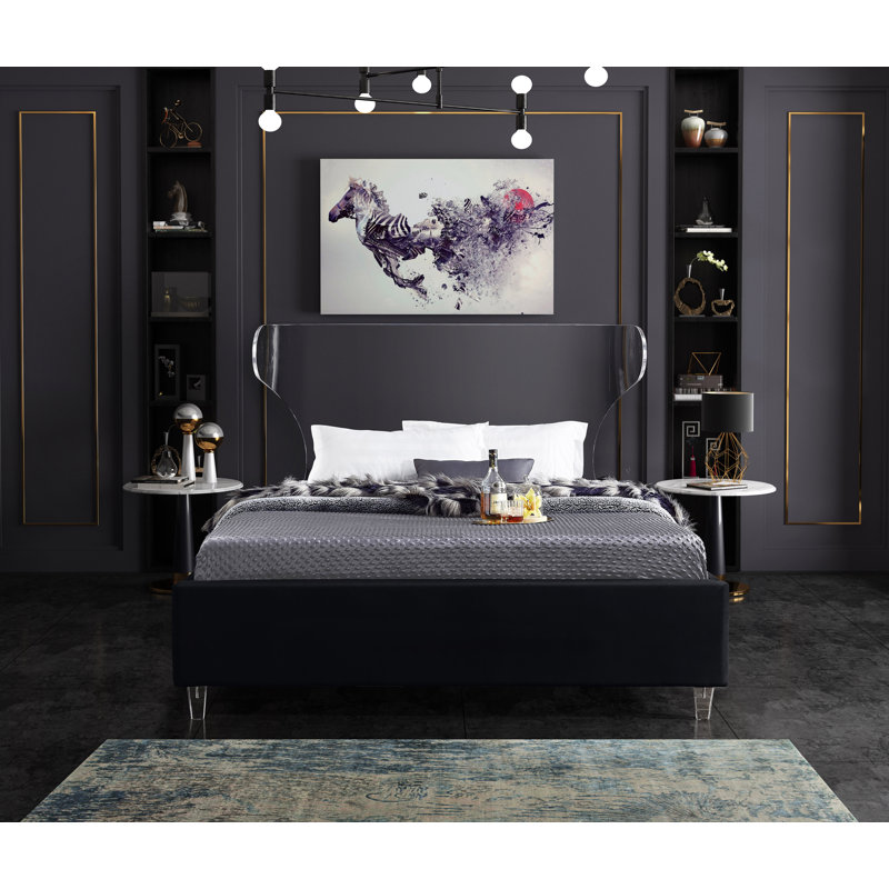 Ulm Upholstered Platform Bed, Black Velvet, Twin
