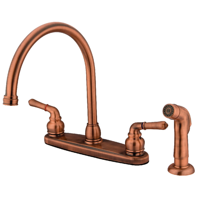 Kingston Brass Magellan Two-Handle 4-Hole 8" Centerset Kitchen Faucet with Side Sprayer, Antique Copper