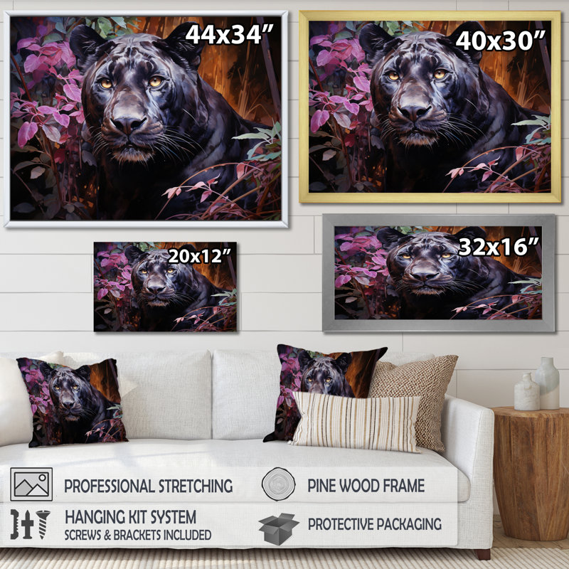Purple Panther Romantic Twilight Watercolor - Animals Canvas Prints, H 34 po x l 44 po x P 1,5 po, Cadre simple blanc