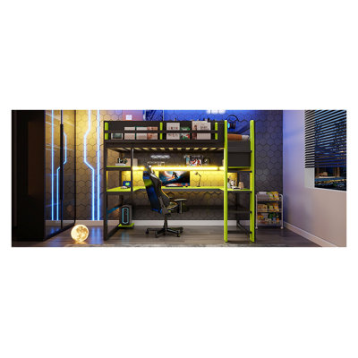 Lit mezzanine simple avec bureau, lit superposé de jeu avec lumières à DEL RVB, tablettes et échelle de rangement latérales, lit en bois moderne pour adolescents - vert