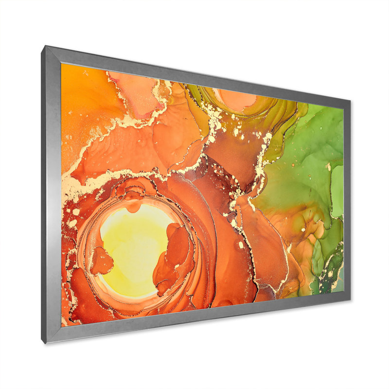 «Brown and Green Luxury Abstract Fluid Art», peinture sur toile, H 16 po x l 32 po, Cadre de coin argenté fermé