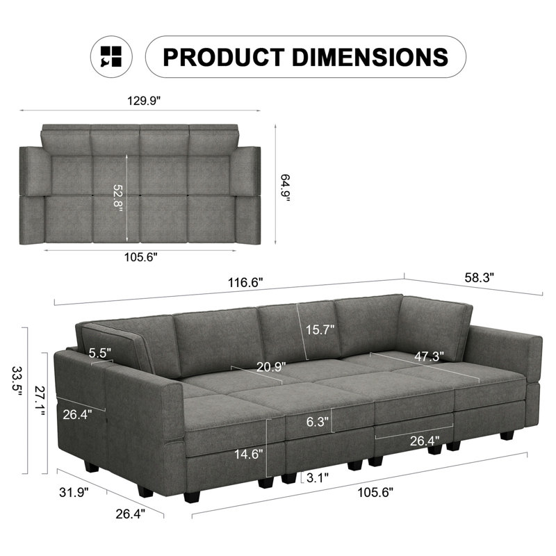 Canapé-lit modulaire Kimbrel Canapé-lit modulaire convertible Canapé-lit modulaire convertible, Mélange de polyester gris