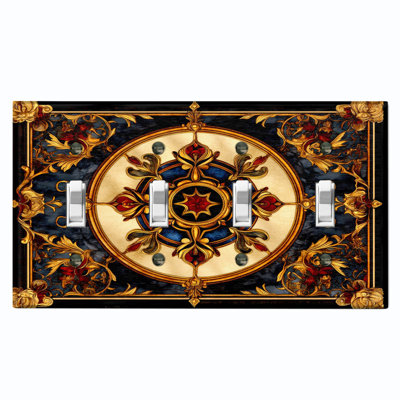Plaque d'interrupteur en métal ; interrupteur à bascule 4 voies, taille standard américaine ; motif mandala en vitrail imprimé