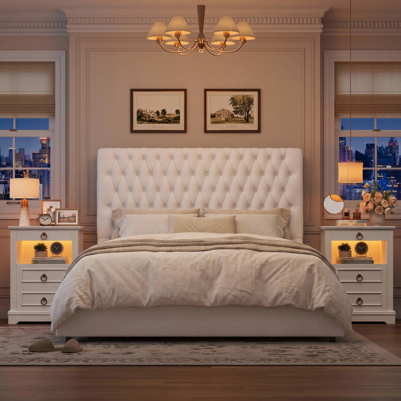 3-Piece Smart Illuminated Bedroom Set -Tall Storage Bed and LED Nightstands with Charging Station