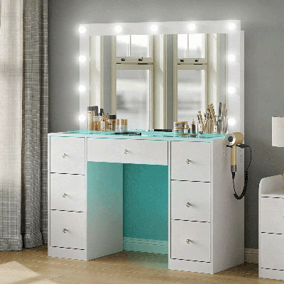 Table de maquillage avec prise de courant et 11 lumières, coiffeuse avec miroir, coiffeuse avec 7 tiroirs pour chambre à coucher, vestiaire, blanc