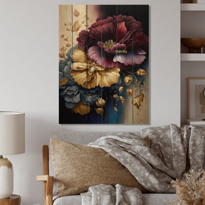 Bourgogne et bouquet de fleurs bleues I - impression sans cadre sur bois