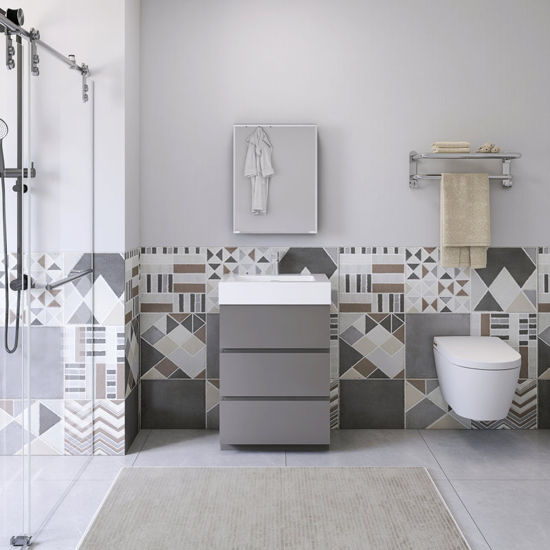 Saunder 24'' Single Bathroom Vanity with Solid Surface Top, White, Gray