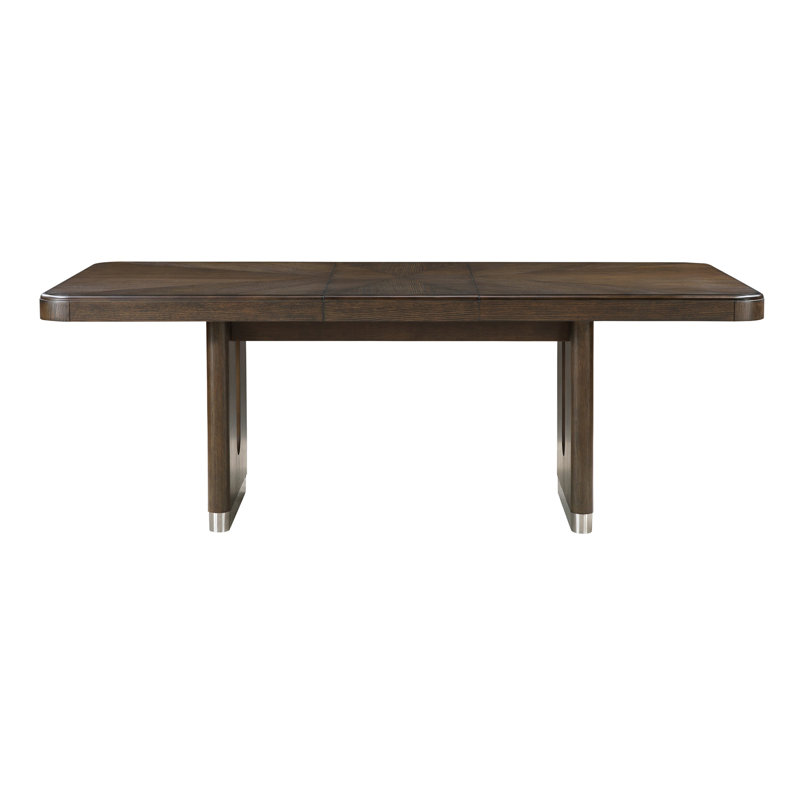 Modern Rectangular Wooden Dining Table with Extension Leaf, Durable Metallic Accent Base, Brown Finish