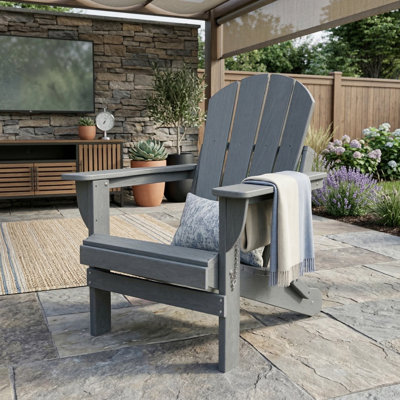 Chaise pliante en PEHD Adirondack avec porte-gobelets double pour terrasse extérieure, pelouse, gris