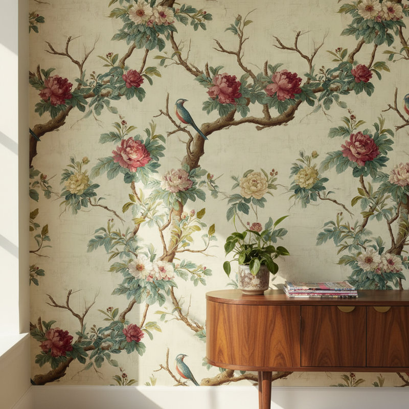 Papier peint floral, oiseau rétro