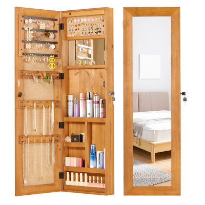Armoire-penderie pour armoire à bijoux en bois massif avec miroir pleine longueur, 47,5 x 14,3 po, verrouillable au mur avec lumière DEL