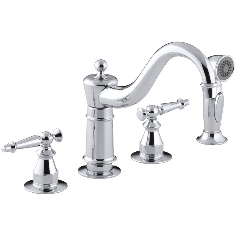 Antique Three-Hole Kitchen Sink Faucet with 8-5/8" Spout, Sidespray , Vibrant Polished Brass, Lever