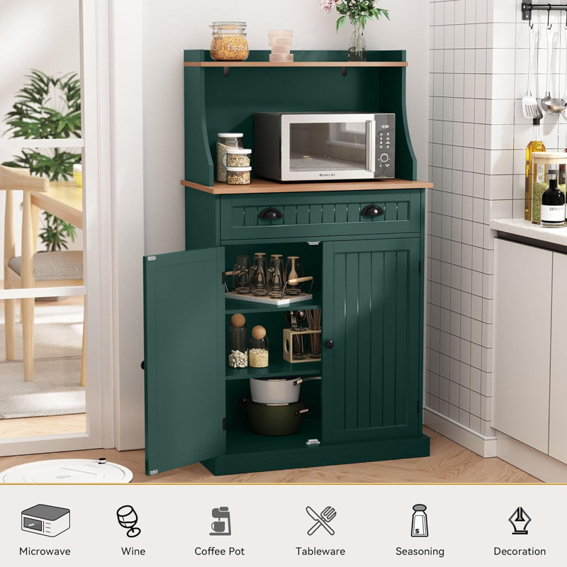 54" Tall Kitchen Pantry Cabinet, Freestanding Microwave Stand with Drawer & Adjustable Shelves, Buffet Storage Cabinet, Green