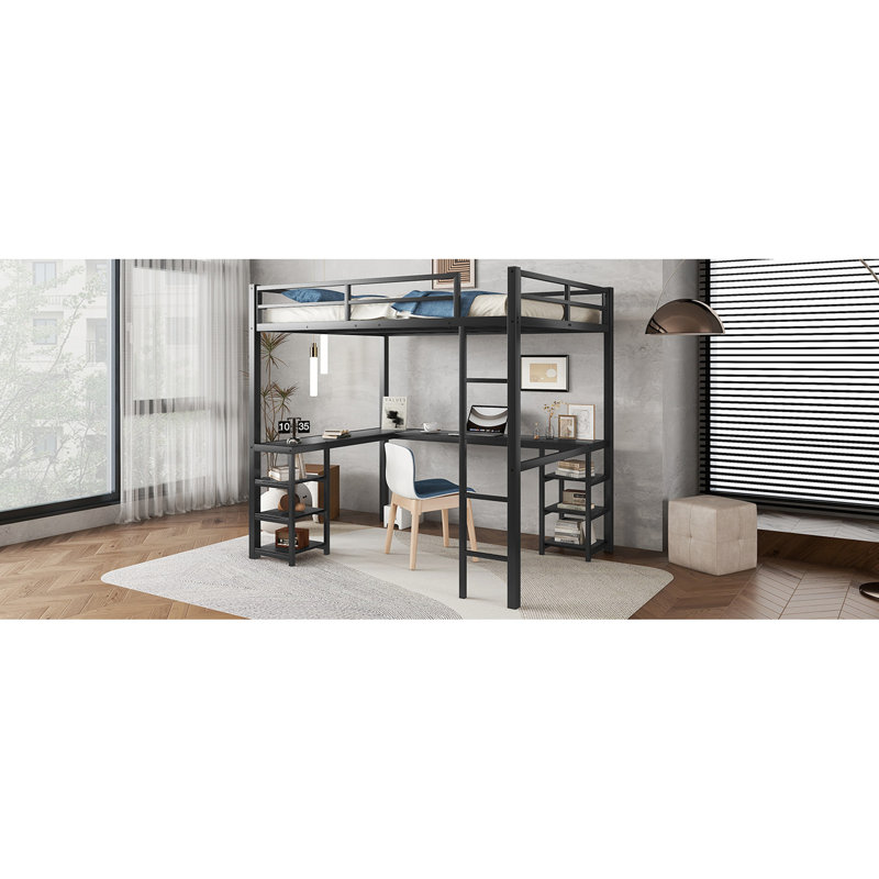 Lit mezzanine en métal avec bureau et tablettes - Ajoutez du style à la chambre à coucher, Noir, Lit double