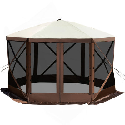 Camping Gazebo Screen Tent, 12*12Ft, 6 Sided Pop-Up Canopy Shelter Tent With Mesh Windows, Portable Carry Bag, Stakes, Large Shade Tents For Outdoor Camping, Lawn And Backyard, Brown/Beige