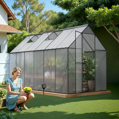 Serre extérieure l 6 pi x P 12 pi avec cadre en aluminium résistant à la rouille, serre de jardin robuste en polycarbonate avec protection contre les rayons UV
