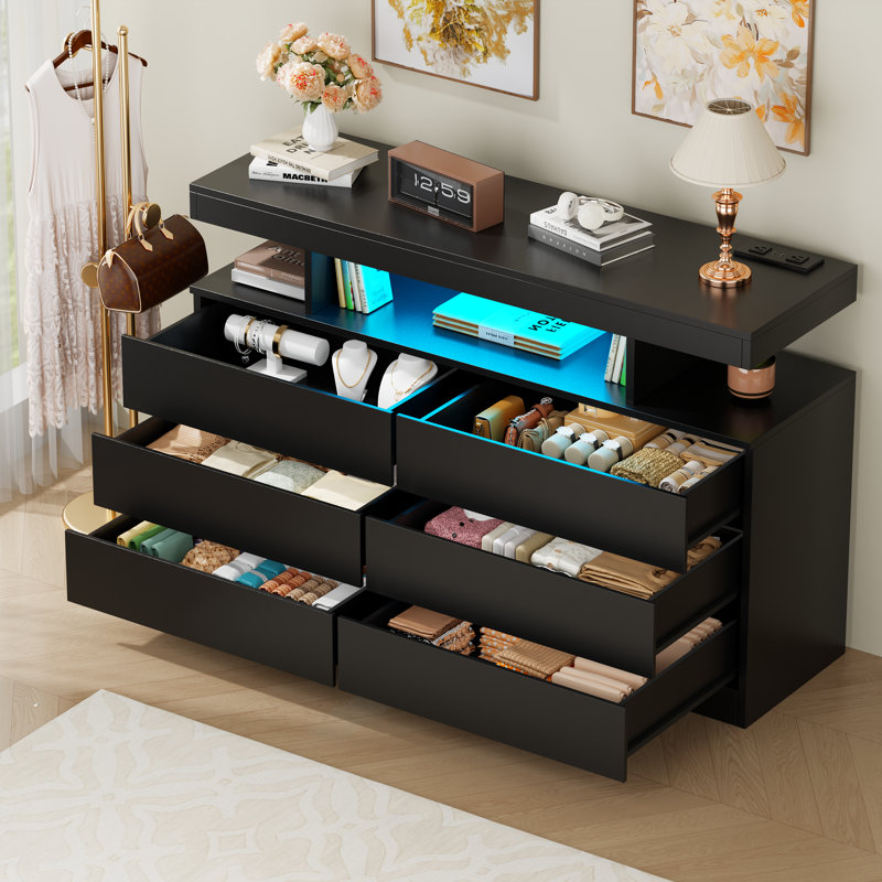 Adriel 6 Drawer 47.3" W Black Dresser With Power Outlet And Led Light, Black