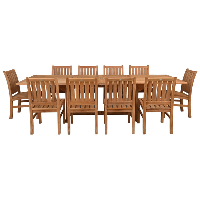 Ensemble de salle à manger d'extérieur en bois de teck 11 pièces 11 pièces avec table à rallonge rectangulaire double et 10 chaises d'appoint Abaco